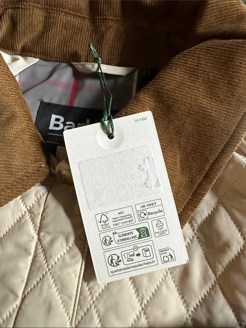 Barbour Quilted Cream Puffer Jacket with Brown Cord Collar - Picture 3 of 6